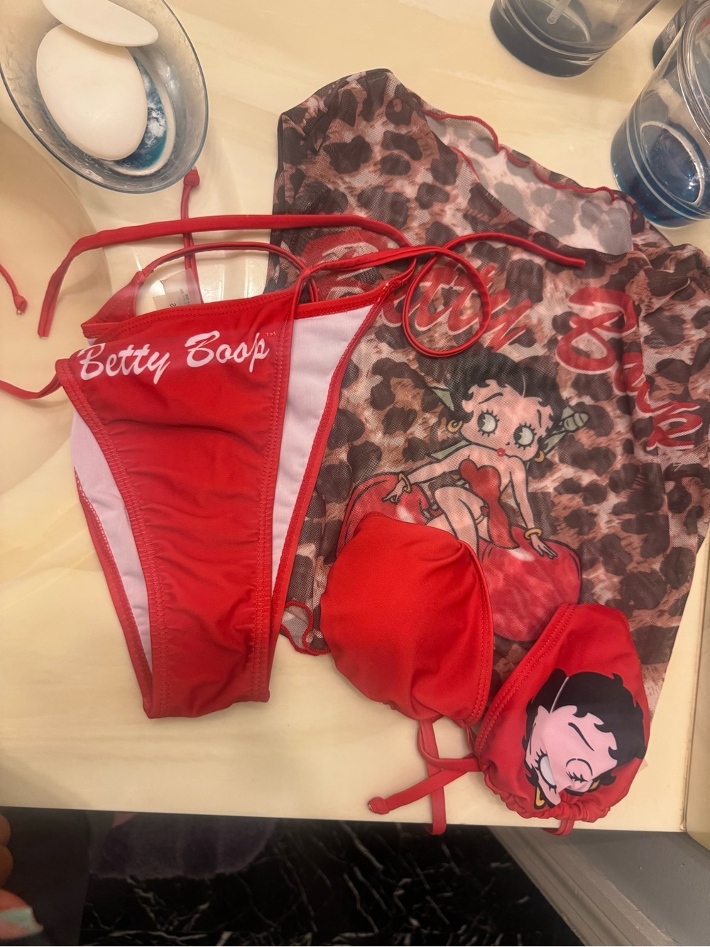 Betty Boop Red Girls' Two-Piece Swim Bikini with Graphic Cover-Up